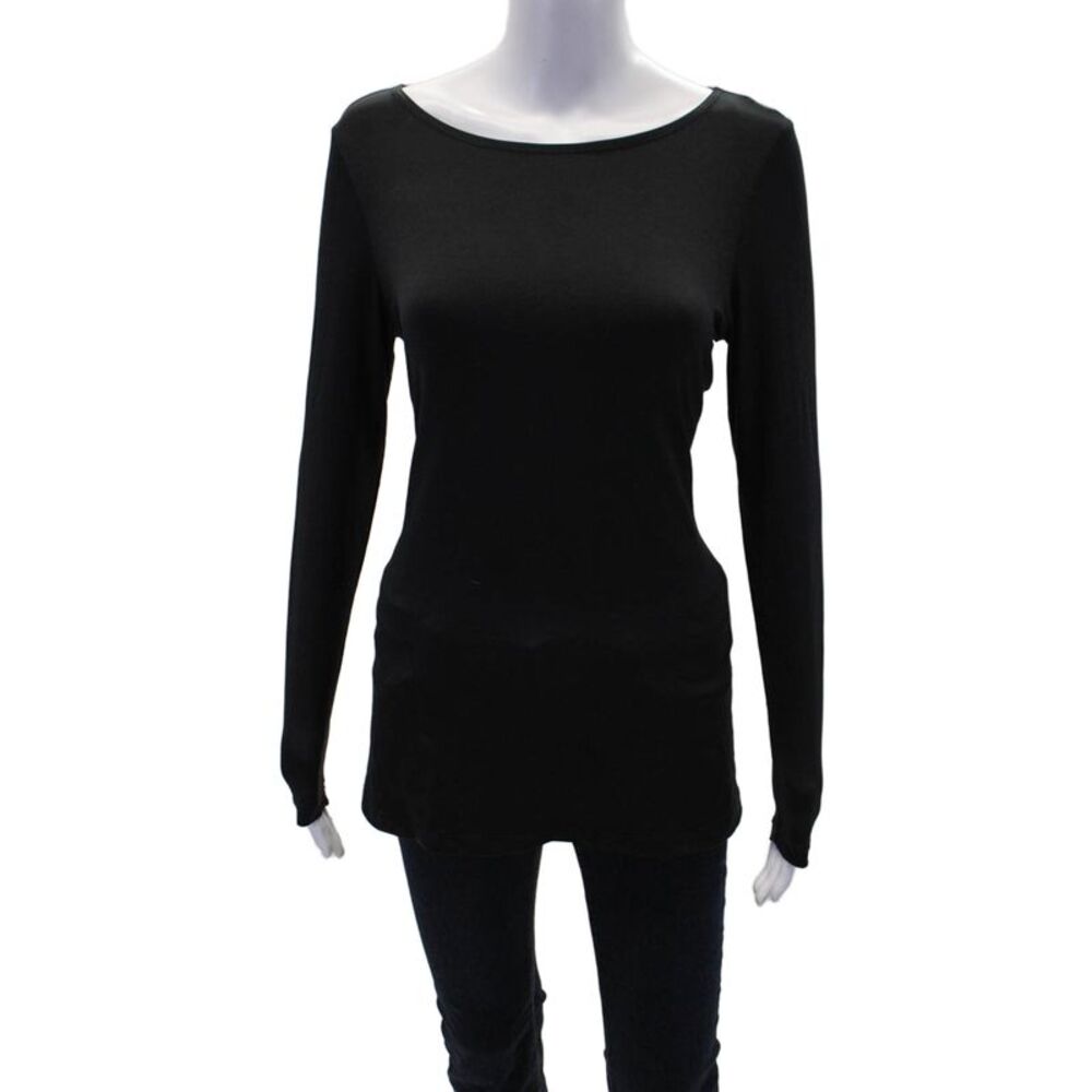 A'Nue Womens Crew Neck Long Sleeve Top Solid Black Size Small